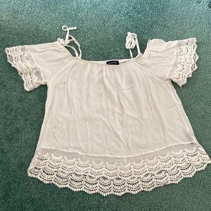 A. Byer Tops White Over The Shoulder Lace Top With Lace Design Sleeves